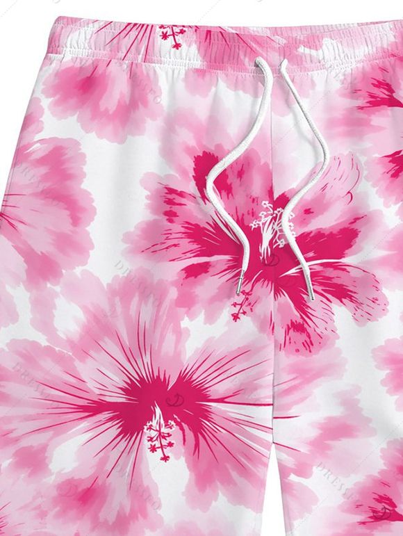 Men's Vacation Beach Shorts Watercolor Hibiscus Floral Print Pocket Drawstring Board Shorts - Rose 5XL