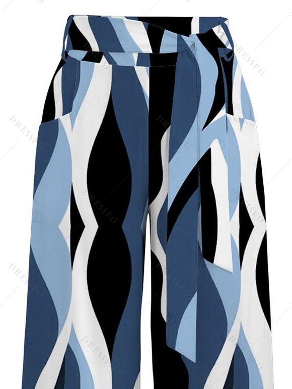 Vacation Pants Wavy Abstract Geometric Print Belt Pocket Wide Leg Pants - Bleu gris XXL | US 14