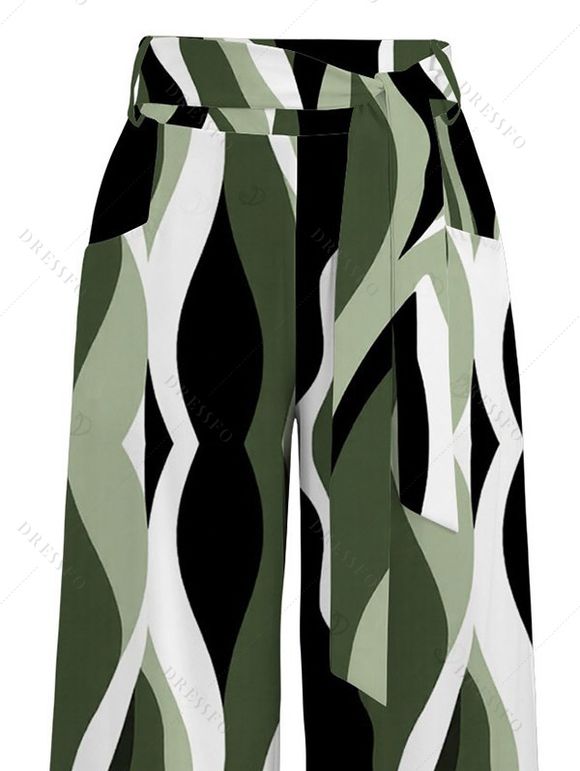 Vacation Pants Wavy Abstract Geometric Print Belt Pocket Wide Leg Pants - Vert clair XXL | US 14