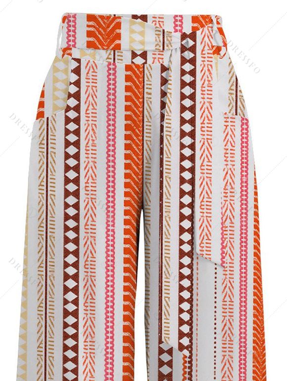 Bohemian Vacation Pants Arrow Geometric Striped Print Belt Pocket Wide Leg Pants - Orange XXL | US 14