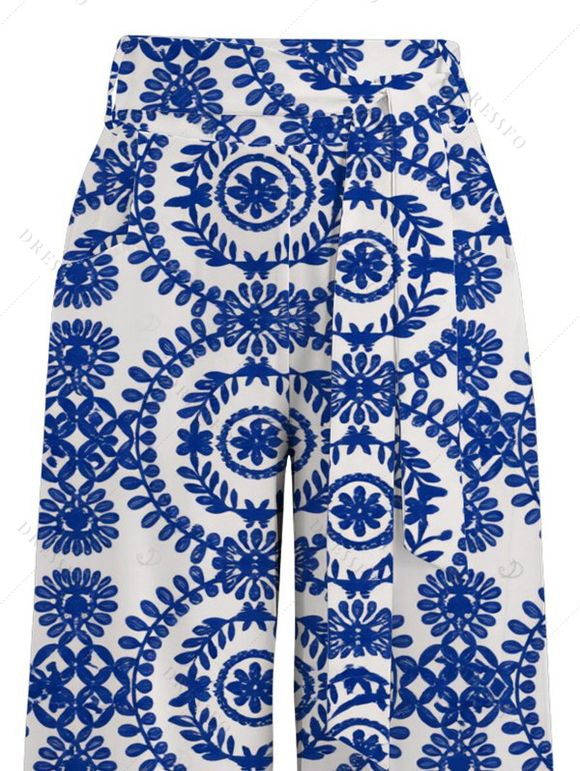 Vacation Pants Porcelain Mandala Print Belt Pocket Wide Leg Pants - Bleu XXL | US 14