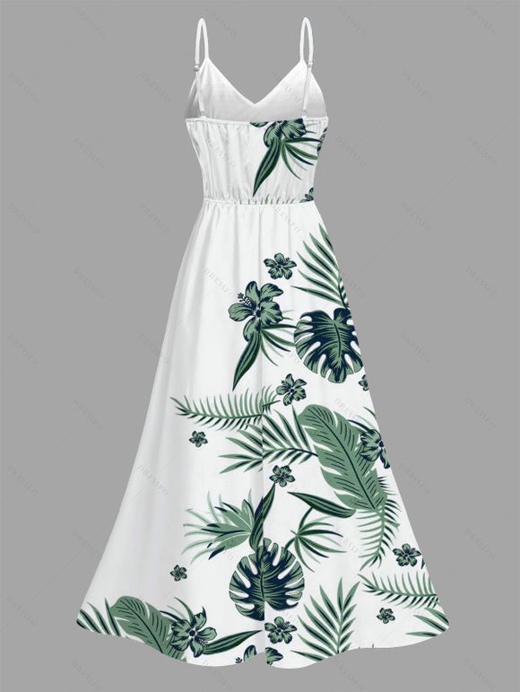Hawaiian Vacation Dress Tropical Flower Monstera Leaf Print Lace Hollow Out Slit Dress - Vert XXXXXL | US 20