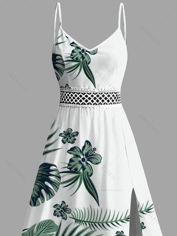 Hawaiian Vacation Dress Tropical Flower Monstera Leaf Print Lace Hollow Out Slit Dress - Vert XXXXXL | US 20