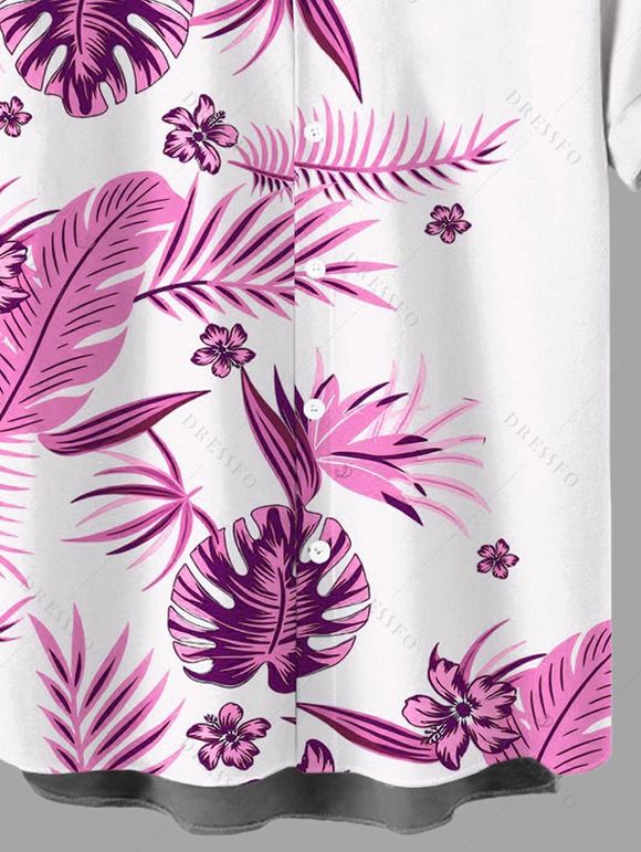 Men's Hawaiian Vacation Shirt Tropical Flower Monstera Leaf Print Button Up Shirt - Rose Vif 5XL