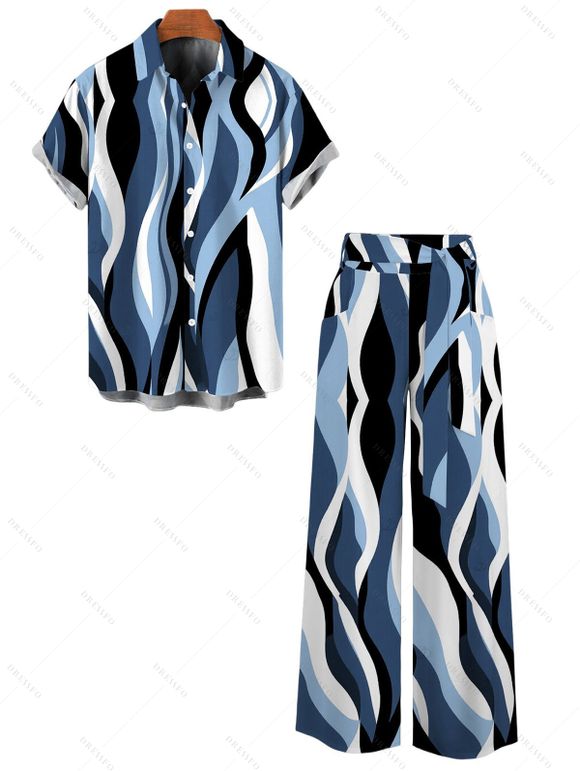 Vacation Couple Outfit Wavy Abstract Geometric Print Button Up Shirt Pocket Belt Wide Leg Pants Set - Bleu gris S | US 4