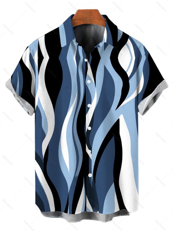 Vacation Couple Outfit Wavy Abstract Geometric Print Button Up Shirt Pocket Belt Wide Leg Pants Set - Bleu gris S | US 4