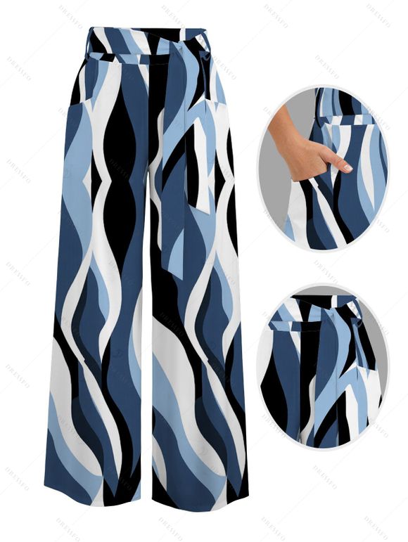 Vacation Couple Outfit Wavy Abstract Geometric Print Button Up Shirt Pocket Belt Wide Leg Pants Set - Bleu gris S | US 4