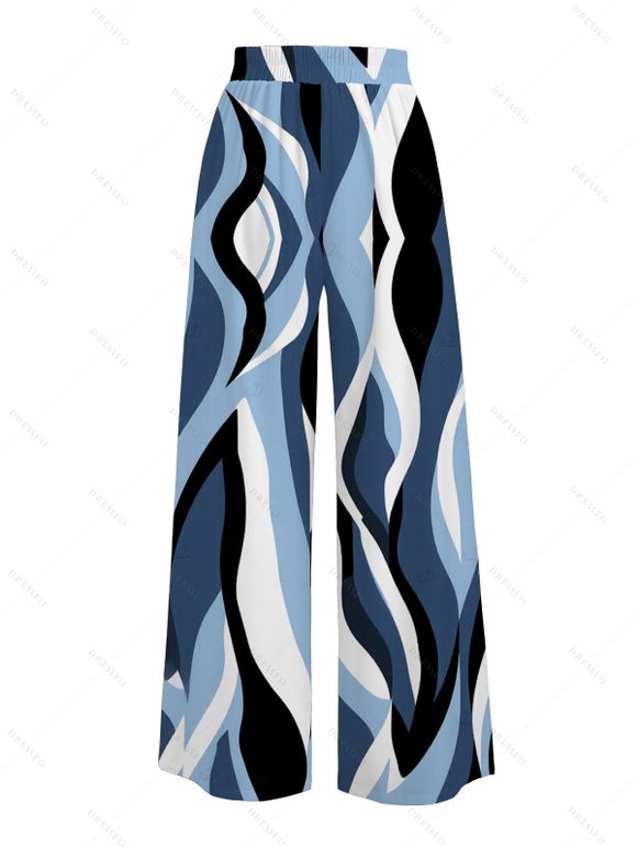 Vacation Couple Outfit Wavy Abstract Geometric Print Button Up Shirt Pocket Belt Wide Leg Pants Set - Bleu gris S | US 4