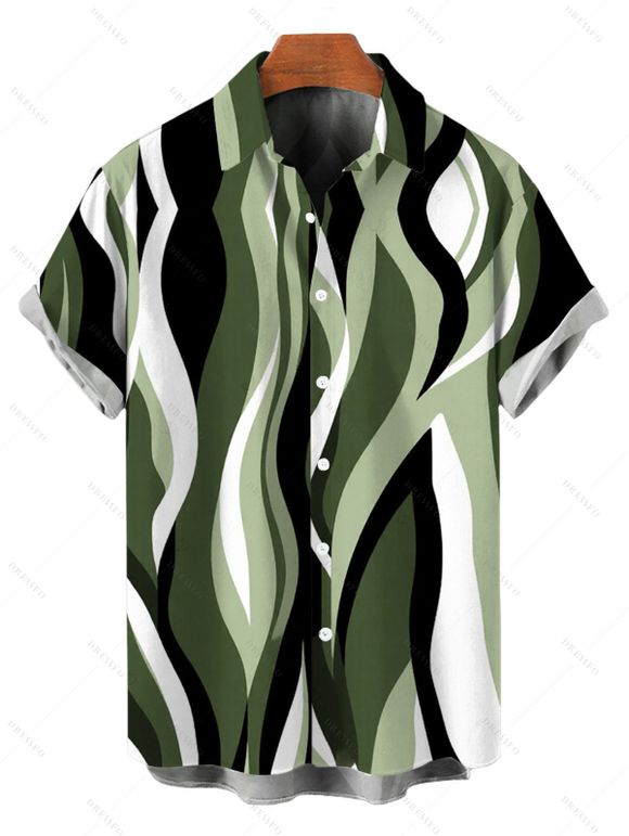 Vacation Couple Outfit Wavy Abstract Geometric Print Button Up Shirt Pocket Belt Wide Leg Pants Set - Vert clair S | US 4