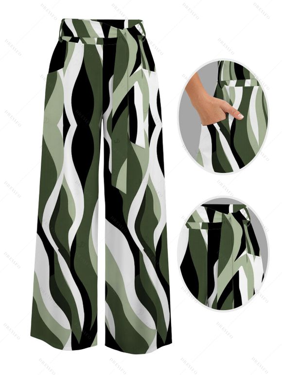 Vacation Couple Outfit Wavy Abstract Geometric Print Button Up Shirt Pocket Belt Wide Leg Pants Set - Vert clair S | US 4