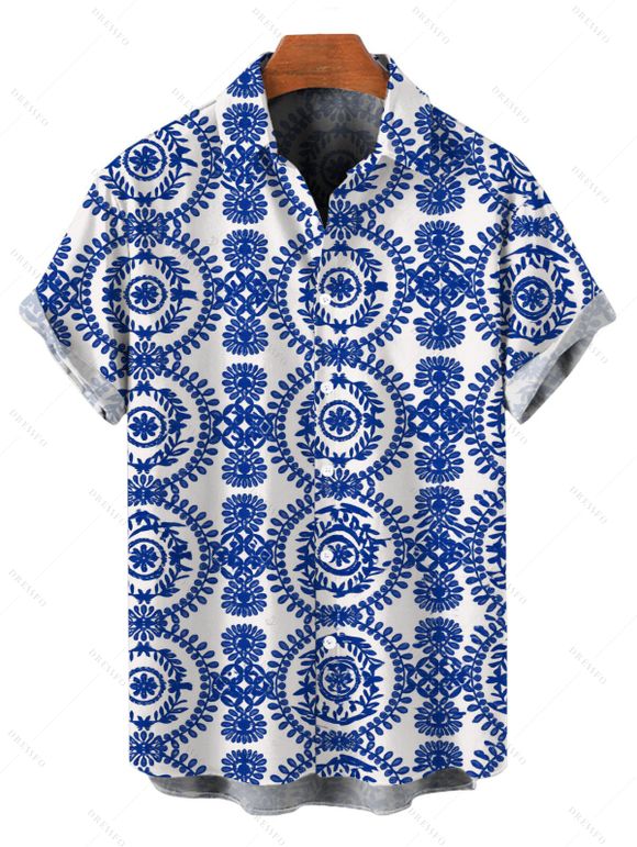 Vacation Couple Outfit Porcelain Mandala Print Button Up Shirt and Pocket Belt Wide Leg Pants Set - Bleu S | US 4