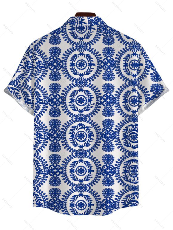Vacation Couple Outfit Porcelain Mandala Print Button Up Shirt and Pocket Belt Wide Leg Pants Set - Bleu S | US 4