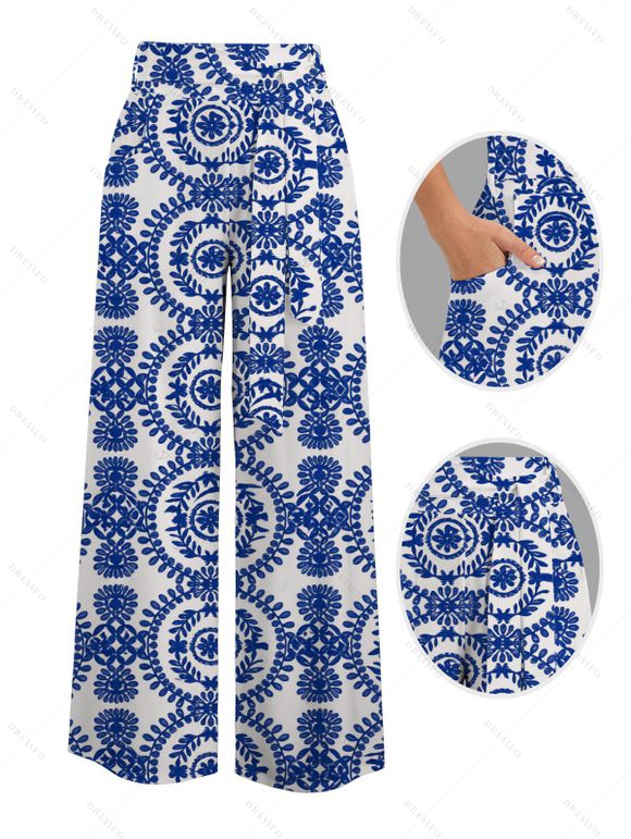 Vacation Couple Outfit Porcelain Mandala Print Button Up Shirt and Pocket Belt Wide Leg Pants Set - Bleu S | US 4