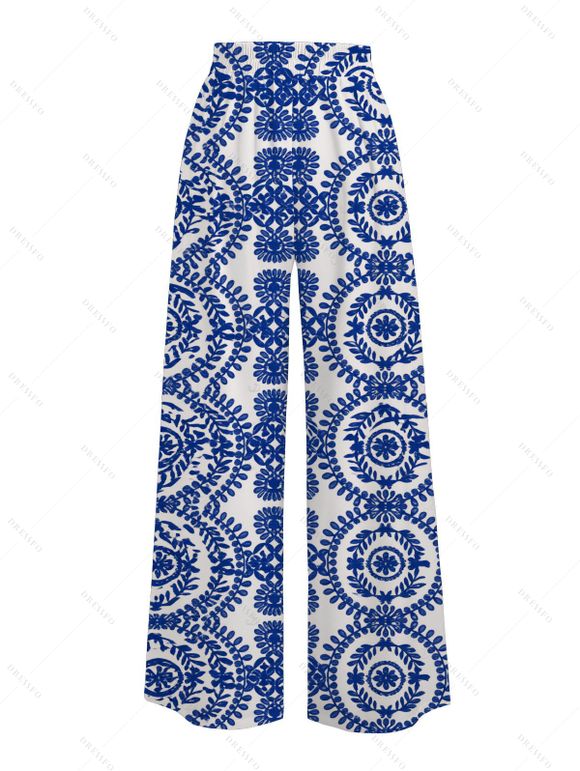 Vacation Couple Outfit Porcelain Mandala Print Button Up Shirt and Pocket Belt Wide Leg Pants Set - Bleu S | US 4