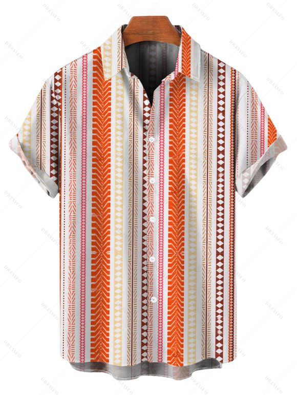 Bohemian Vacation Couple Outfit Arrow Geometric Striped Print Button Up Shirt and Belt Pocket Wide Leg Pants Set - Orange S | US 4