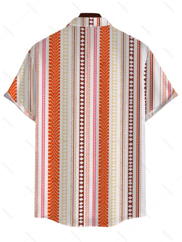 Bohemian Vacation Couple Outfit Arrow Geometric Striped Print Button Up Shirt and Belt Pocket Wide Leg Pants Set - Orange S | US 4