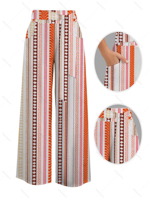 Bohemian Vacation Couple Outfit Arrow Geometric Striped Print Button Up Shirt and Belt Pocket Wide Leg Pants Set - Orange S | US 4