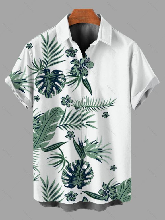 Hawaiian Vacation Couple Outfit Tropical Flower Monstera Leaf Print Lace Hollow Out Slit Dress and Shirt Set - Vert S | US 4