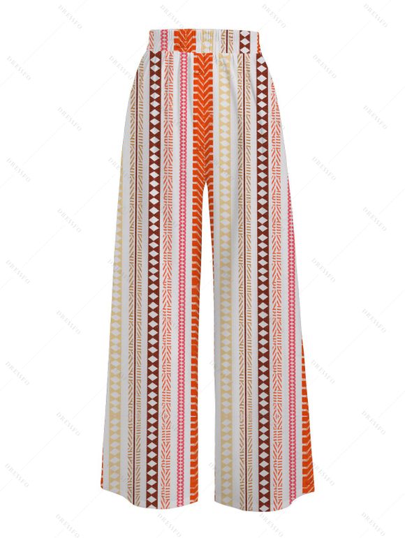 Bohemian Vacation Couple Outfit Arrow Geometric Striped Print Button Up Shirt and Belt Pocket Wide Leg Pants Set - Orange S | US 4