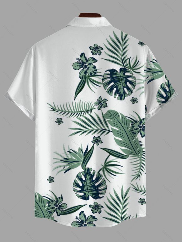 Hawaiian Vacation Couple Outfit Tropical Flower Monstera Leaf Print Lace Hollow Out Slit Dress and Shirt Set - Vert S | US 4