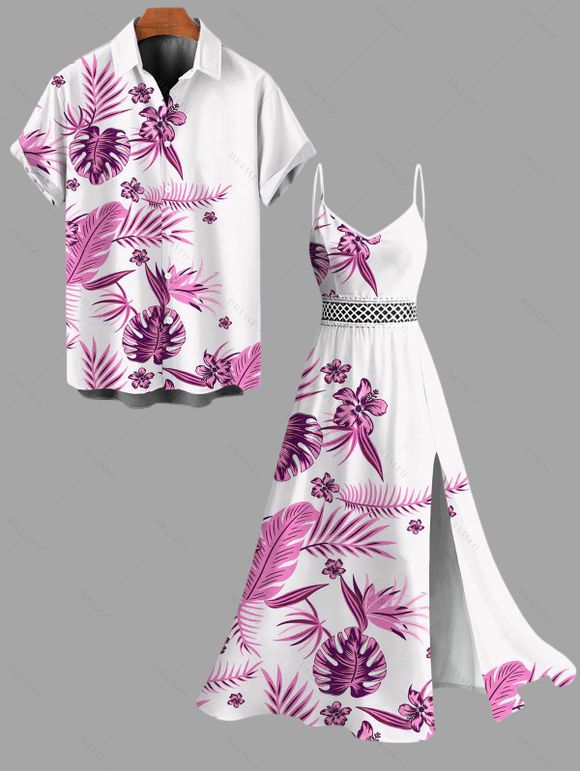 Hawaiian Vacation Couple Outfit Tropical Flower Monstera Leaf Print Lace Hollow Out Slit Dress and Shirt Set - Rose Vif S | US 4