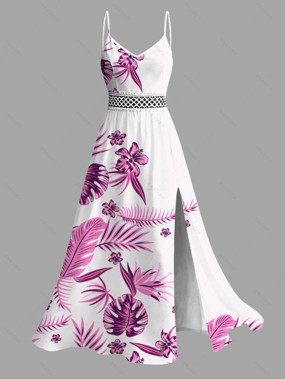 Hawaiian Vacation Couple Outfit Tropical Flower Monstera Leaf Print Lace Hollow Out Slit Dress and Shirt Set - Rose Vif S | US 4