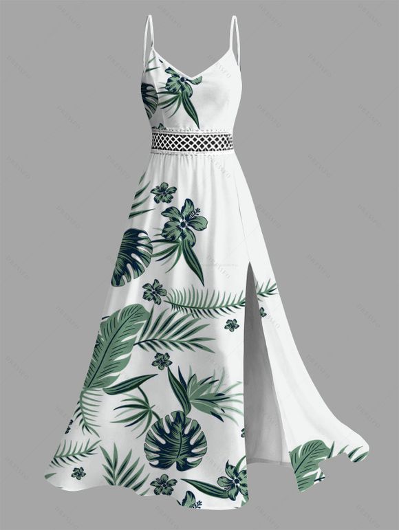 Hawaiian Vacation Couple Outfit Tropical Flower Monstera Leaf Print Lace Hollow Out Slit Dress and Shirt Set - Vert S | US 4