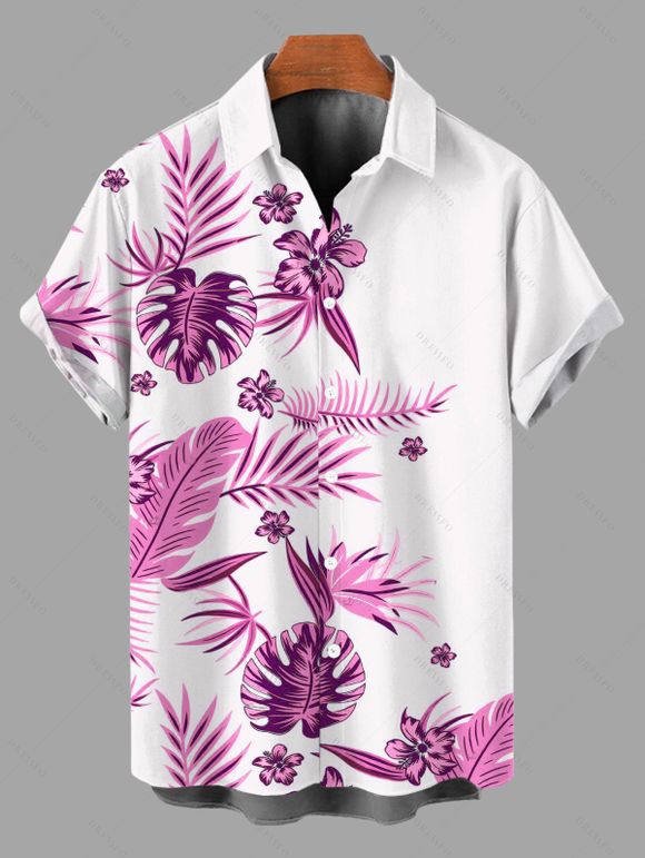 Hawaiian Vacation Couple Outfit Tropical Flower Monstera Leaf Print Lace Hollow Out Slit Dress and Shirt Set - Rose Vif S | US 4