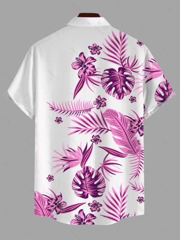 Hawaiian Vacation Couple Outfit Tropical Flower Monstera Leaf Print Lace Hollow Out Slit Dress and Shirt Set - Rose Vif S | US 4
