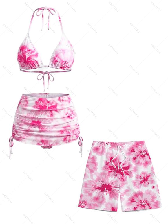 Vacation Couple Outfit Watercolor Hibiscus Floral Print Cinched Skirt Halter 3 Pcs Bikini Swimsuit and Beach Shorts Set - Rose Vif S | US 4