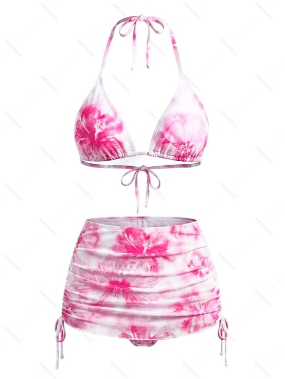 Vacation Couple Outfit Watercolor Hibiscus Floral Print Cinched Skirt Halter 3 Pcs Bikini Swimsuit and Beach Shorts Set - Rose Vif S | US 4