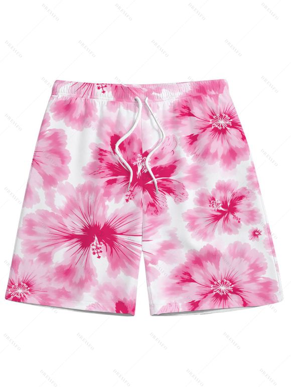 Vacation Couple Outfit Watercolor Hibiscus Floral Print Cinched Skirt Halter 3 Pcs Bikini Swimsuit and Beach Shorts Set - Rose Vif S | US 4