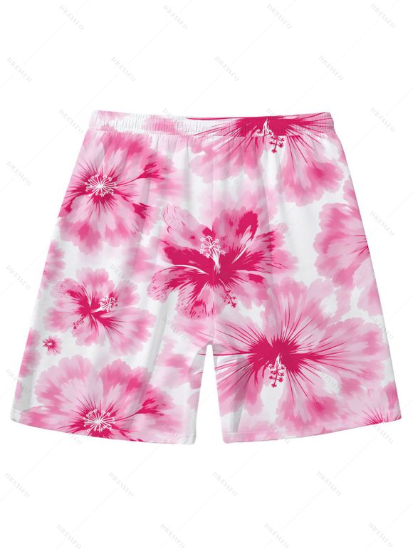 Vacation Couple Outfit Watercolor Hibiscus Floral Print Cinched Skirt Halter 3 Pcs Bikini Swimsuit and Beach Shorts Set - Rose Vif S | US 4