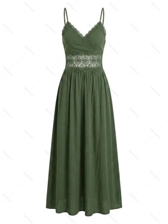 Ethnic Style Vacation Dress Solid Color Sheer Lace Panel Scalloped Spaghetti Strap Maxi Dress - PLANT GREEN XL | US 12