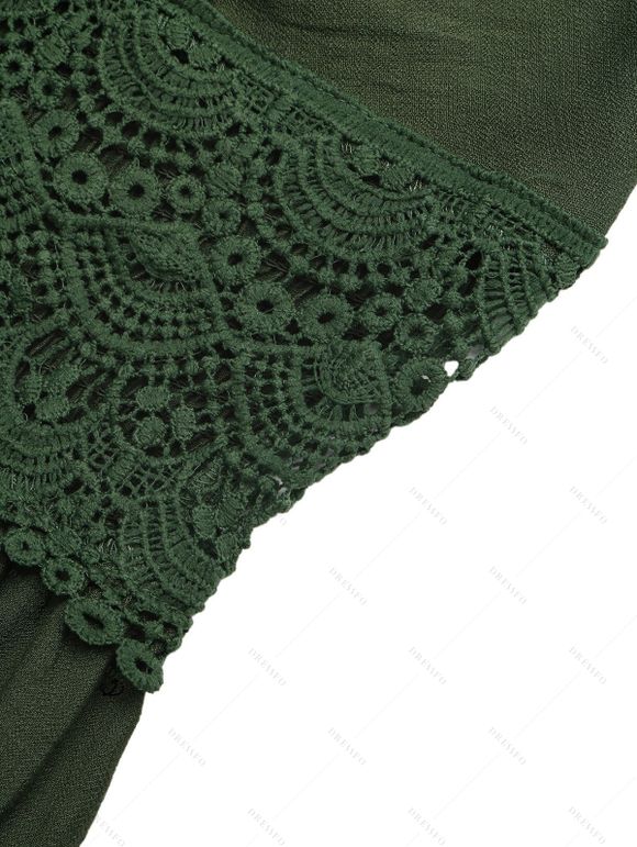 Ethnic Style Vacation Dress Solid Color Sheer Lace Panel Scalloped Spaghetti Strap Maxi Dress - PLANT GREEN XL | US 12