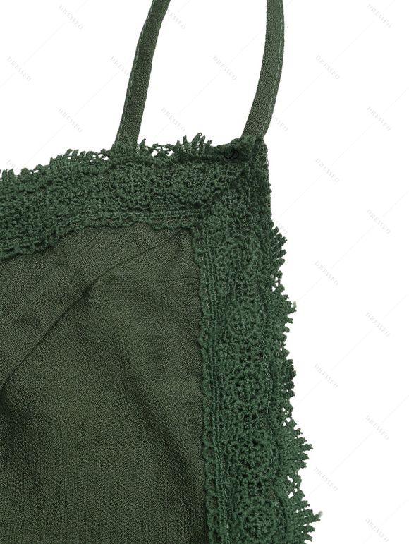 Ethnic Style Vacation Dress Solid Color Sheer Lace Panel Scalloped Spaghetti Strap Maxi Dress - PLANT GREEN XL | US 12