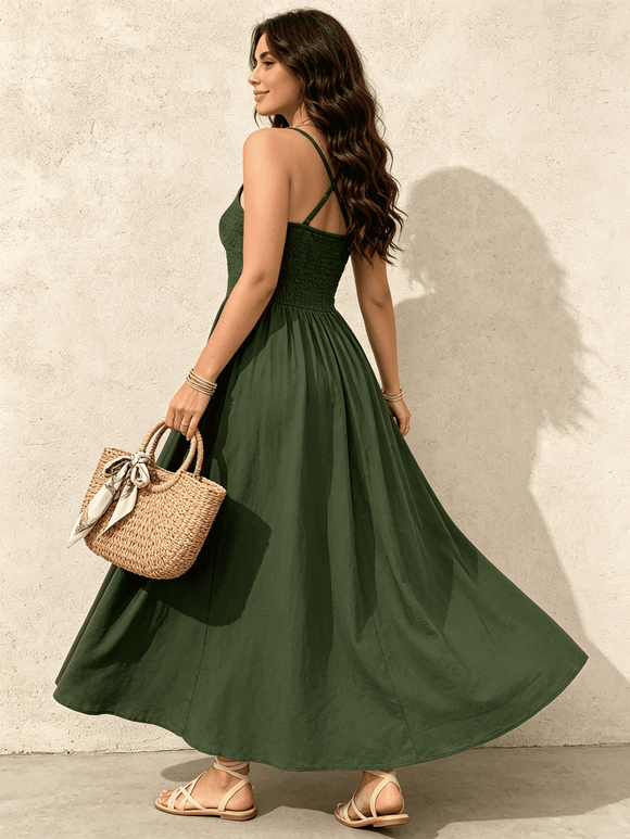 Ethnic Style Vacation Dress Solid Color Sheer Lace Panel Scalloped Spaghetti Strap Maxi Dress - PLANT GREEN XL | US 12