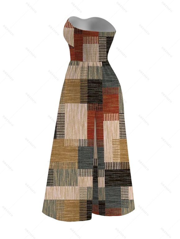 Vacation Jumpsuit Vintage Colored Plaid Print Tied Pocket Off the Shoulder Jumpsuit - Brun XXXL | US 16