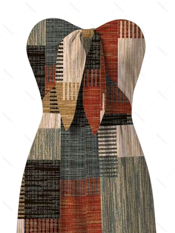 Vacation Jumpsuit Vintage Colored Plaid Print Tied Pocket Off the Shoulder Jumpsuit - Brun XXXL | US 16