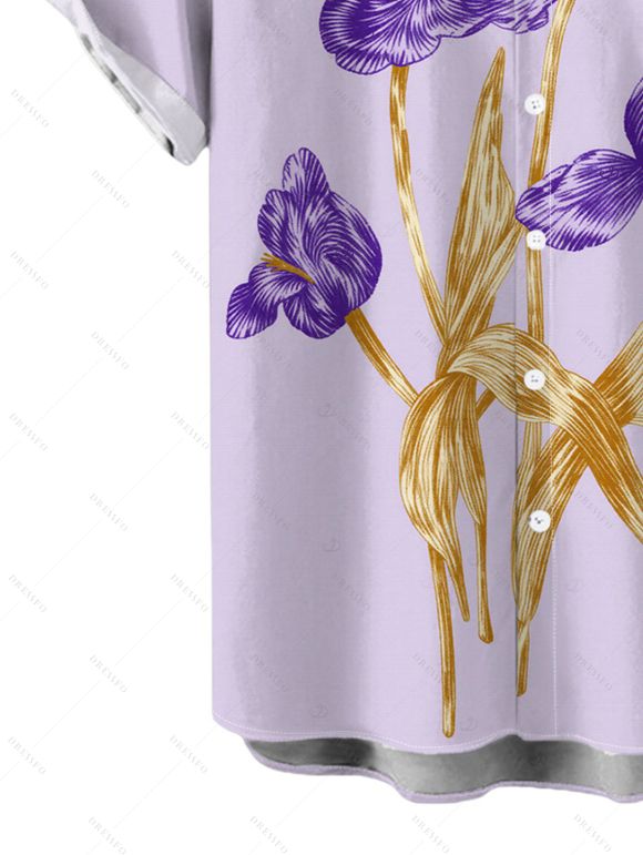 Men's Vacation Shirt Hand‑Drawn Iris Floral Print Button Up Shirt - Violet clair 5XL