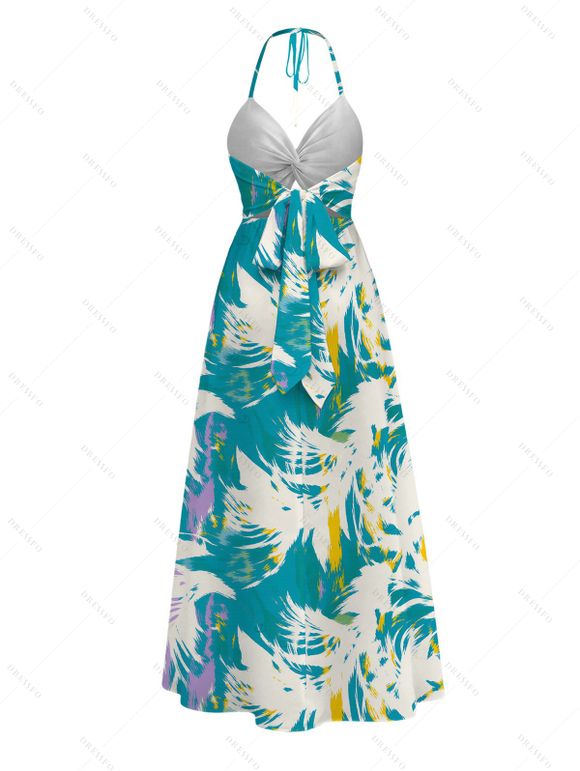 Vacation Halter Dress Tie Dye Abstract Feather Brushstroke Print Twisted Cut Out Slit Dress - Turquoise Foncée XXXXXL | US 20