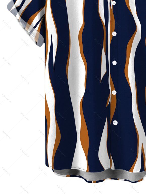 Men's Casual Shirt Colorblock Abstract Wavy Stripe Print Button Up Shirt - Cadetblue 3XL