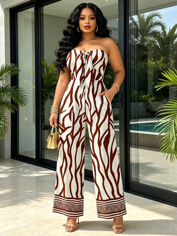 Vacation Jumpsuit Colorblock Ethnic Geometric Wavy Zebra Print Tied Pocket Off the Shoulder Jumpsuit - Blanc XXXL | US 16