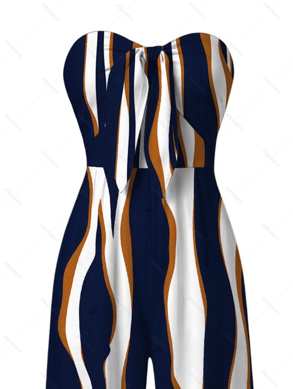 Vacation Jumpsuit Colorblock Abstract Wavy Stripe Print Tied Pocket Off the Shoulder Jumpsuit - Cadetblue XXXL | US 16