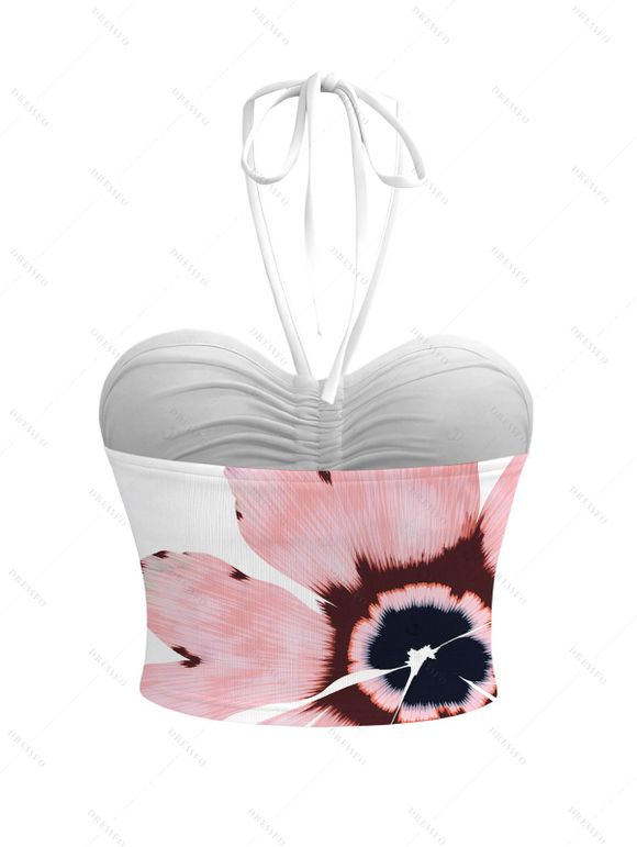 Vacation Halter Tank Top Watercolor Anemone Floral Print Cinched Cropped Tank Top - Blanc XXXXXL | US 20