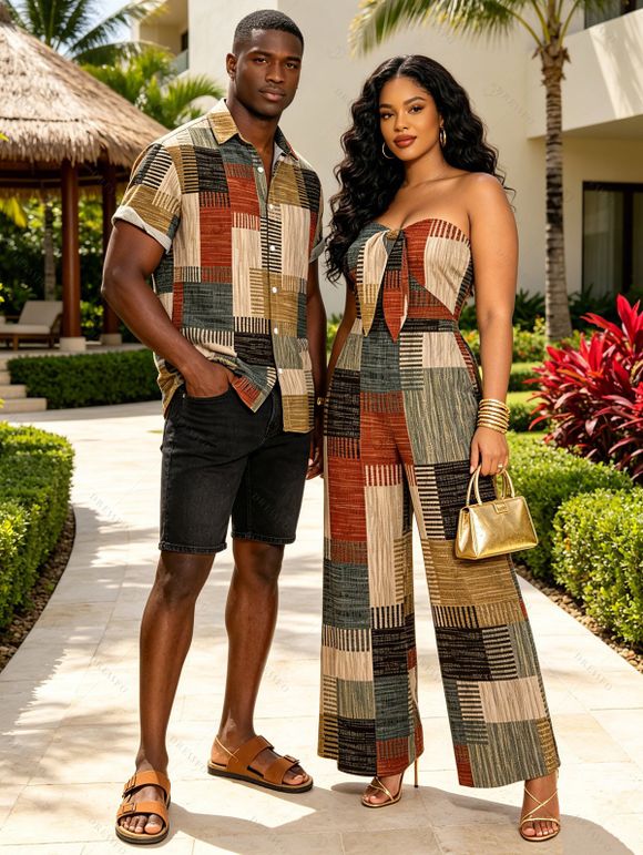 Vacation Couple Outfit Vintage Colored Plaid Print Tied Pocket Off the Shoulder Jumpsuit and Shirt Set - Brun S | US 4