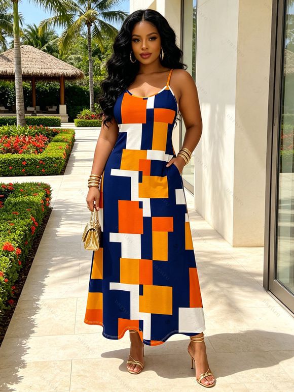 Vacation Dress Colorblock Geometric Print Spaghetti Strap A Line Mdi Dress - multicolor A XXXXXL | US 20