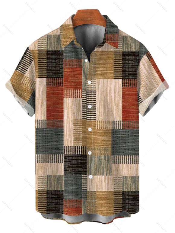 Vacation Couple Outfit Vintage Colored Plaid Print Tied Pocket Off the Shoulder Jumpsuit and Shirt Set - Brun S | US 4