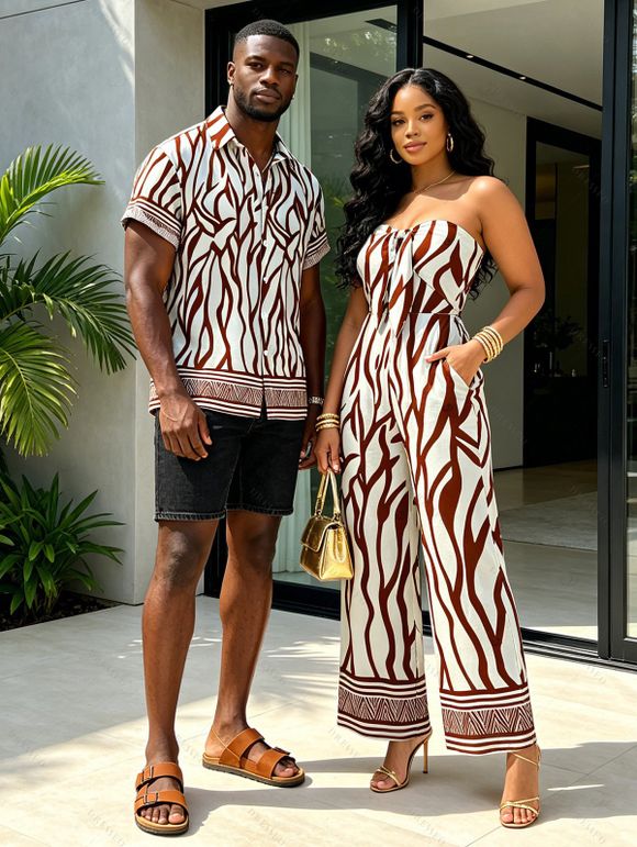 Vacation Couple Outfit Colorblock Ethnic Geometric Wavy Zebra Print Tied Pocket Off the Shoulder Jumpsuit and Shirt Set - Blanc S | US 4