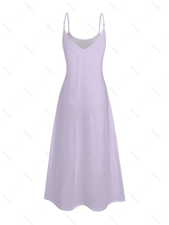 Vacation Dress Hand‑Drawn Iris Floral Print Spaghetti Strap A Line Mdi Dress - Violet clair XXXXXL | US 20
